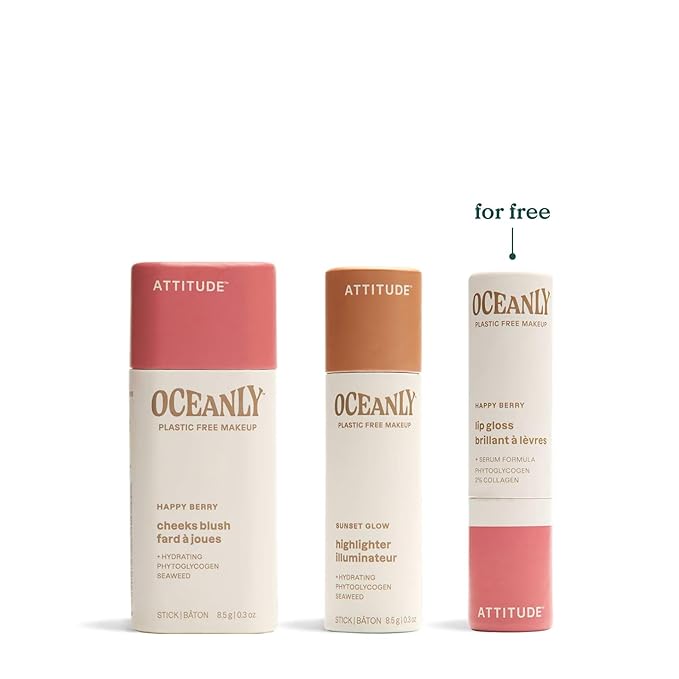 ATTITUDE Happy Berry Makeup Trio Set, EWG Verified, Titanium Dioxide-Free, Plastic-free, Plant and Mineral-Based Ingredients, Vegan and Cruelty-free Beauty Products, Set of 3 Makeup Sticks-BrightBean Baby