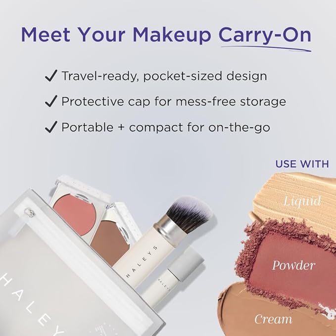 HALEYS Retractable Face Brush, VEGAN Dense, Angled Bristles & Adjustable Sleeve, Portable Makeup Brush for Quick, Easy Streak-Free Blending of Liquids, Creams, Powders, Travel-friendly Mess-Free Cap-BrightBean Baby