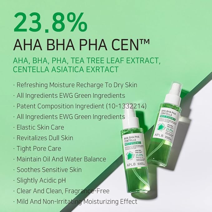 APLB AHA BHA PHA Centella Mist Essence | AHA BHA PHA CEN™ 23.8% 3.55 FL.OZ/Korean Skincare, Exfoliant, Replenishing Moisture, Revitalize for Gentle and Improve Skin Texture-BrightBean Baby