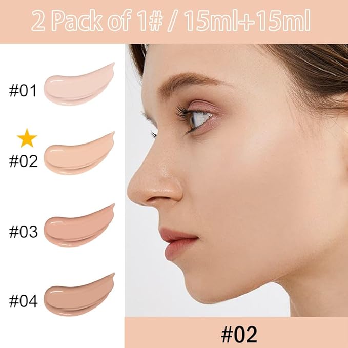 2 Pack Liquid Foundation Cream with Foundation Brush for Face Makeup,Durable Full Coverage Matte Concealer Make Up,Oil Control & Waterproof Base Primer -1 Fl.Oz (#02)-BrightBean Baby