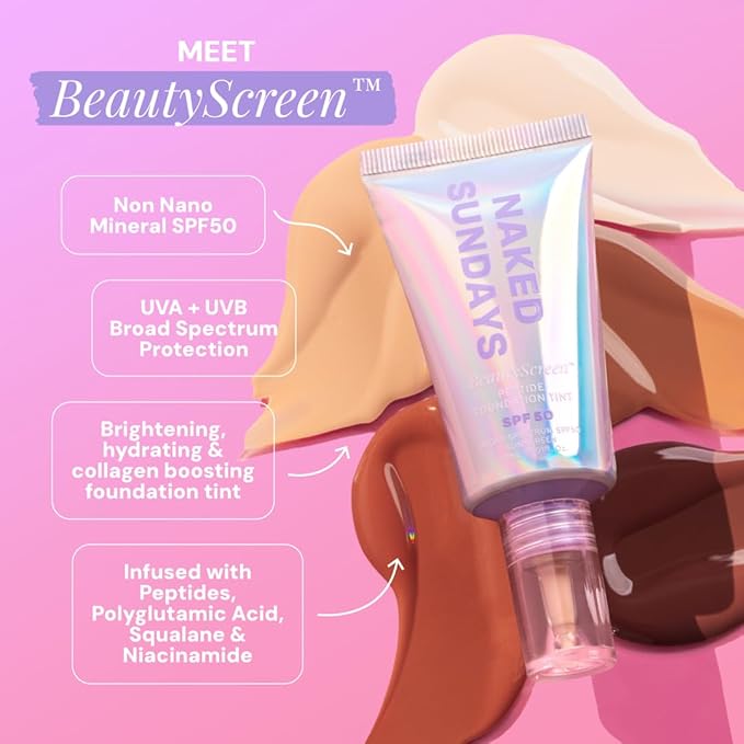 Naked Sundays BeautyScreen™ SPF 50 Mineral Peptide Foundation Tint – 2-in-1 Skin Tint & Mineral Sunscreen | Radiant, Buildable Coverage, Acne-Safe, Infused with Peptides (10 Deep Neutral, 1.01 oz)-BrightBean Baby