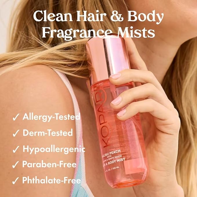 Kopari Hair & Body Mist Malibu Peach, Long-Lasting Playful Vibrant Tropical Scent, Warm Floral Fragrance, Blend of Peach with a Kiss of Jasmine, 4 oz-BrightBean Baby