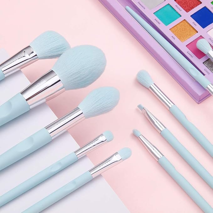 DUcare Makeup Brushes with Holder - 10Pcs Professional Synthetic Make Up Brushes Set for Blush Concealer Foundation Bronzer Powder Eyebrow Contour Eyeshadow Blending Makeup Brush Set, Ice Lake Blue-BrightBean Baby