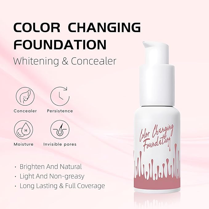 Color Changing Foundation Liquid, Skintone Matching Foundation, Full Coverage, Long Lasting, Lightweight Coverage, Oil Free and Silicon Free, Double Wear, Lightening, Sweat and Water Resistant-BrightBean Baby