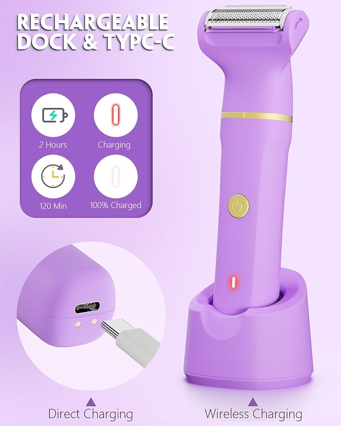 Bikini Trimmer 3 in 1 Electric Razor for Women - IPX7 Waterproof Wet & Dry Body Shaver, Pubic & Facial Hair Remover with Ceramic Blade, USB Rechargeable Dock & Gift Ready