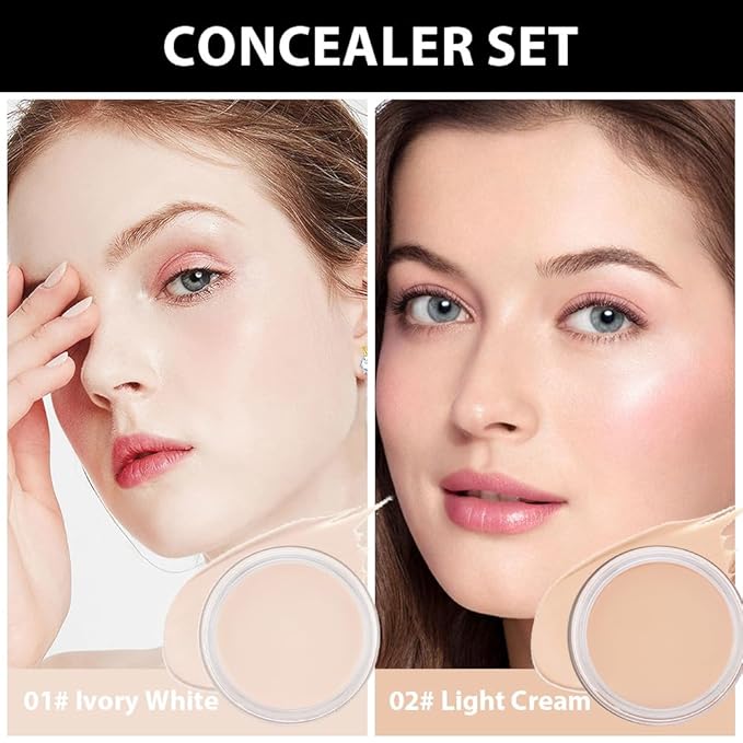 Kaely 2Pcs Pot Concealer Full Coverage Set,under Eye Brightener Concealer for Conceals Dark Circles,Waterproof Foundation Face Makeup Brush Kit,Color Correcting Concealer,01+02-BrightBean Baby