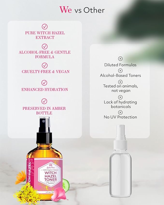 Witch Hazel Alcohol Free Toner by Leven Rose, 100% Pure Organic Facial Rose Water with Rose Petals, Calendula, Cucumber, and Chamomile Flower 4 oz-BrightBean Baby