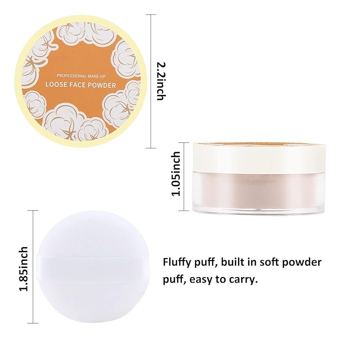 Boobeen Loose Face Powder Translucent Setting Powder Oil Control Loose Powder, Soft Focus Effect Makeup Loose Setting Powder, Lightweight Shine Control Matte Finishing, with Puff-BrightBean Baby