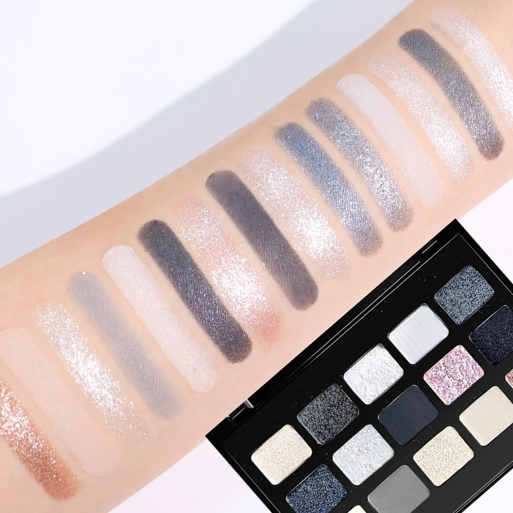 SUAKE 15 Colors Matte Shimmer Pearlescent Eyeshadow Palette for Eye Makeup,High Pigmented Smoky Dark Punk Metal Eye Shadow Primers Powder, Flashing sombras de ojos for Cosplay - Black Gold Blue Brown-BrightBean Baby