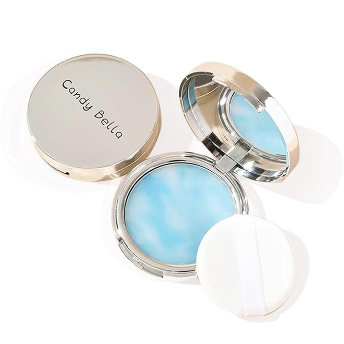 Blue Matte Powder Oil Control Face Pressed Powder Jelly Pressed Powder Face Makeup Setting Powder, Chillab Polvo Compacto with Mini Powder Puff, for Silky Blurring Oil Control Long-Lasting Makeup-BrightBean Baby