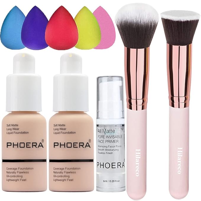 PHOERA Foundation Makeup for Wome Full Coverage Foundation Set,Face Primer Foundation Brush Powder Brush,5 Makeup Sponge,30ml PHOERA 24HR Matte Oil Control Concealer (101 Porcelain + 102 Nude)-BrightBean Baby