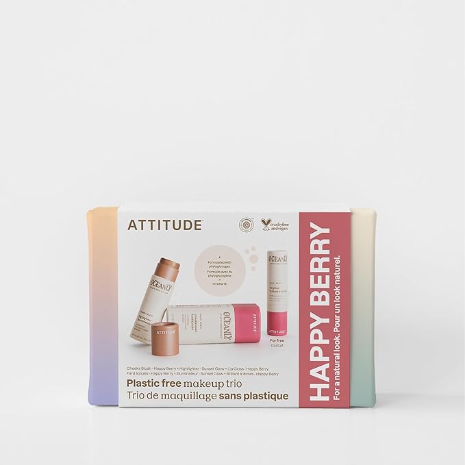 ATTITUDE Happy Berry Makeup Trio Set, EWG Verified, Titanium Dioxide-Free, Plastic-free, Plant and Mineral-Based Ingredients, Vegan and Cruelty-free Beauty Products, Set of 3 Makeup Sticks-BrightBean Baby
