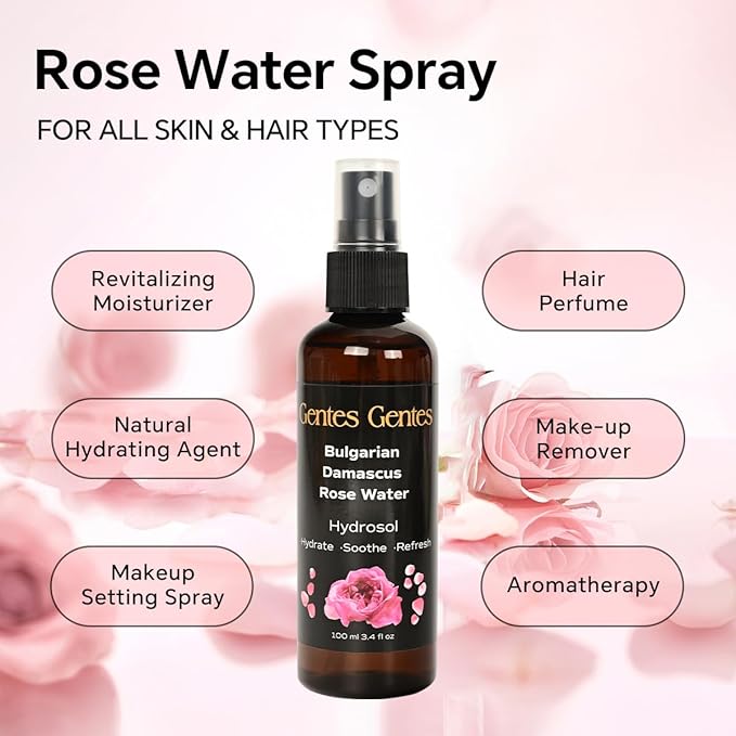 100% Pure Bulgarian Damascus Rose Water Hydrosol – Luxury Facial Toner for Hydration & Radiant Skin, Body Mist & Pillow Spray | Natural Skincare | 3.4 fl oz-BrightBean Baby