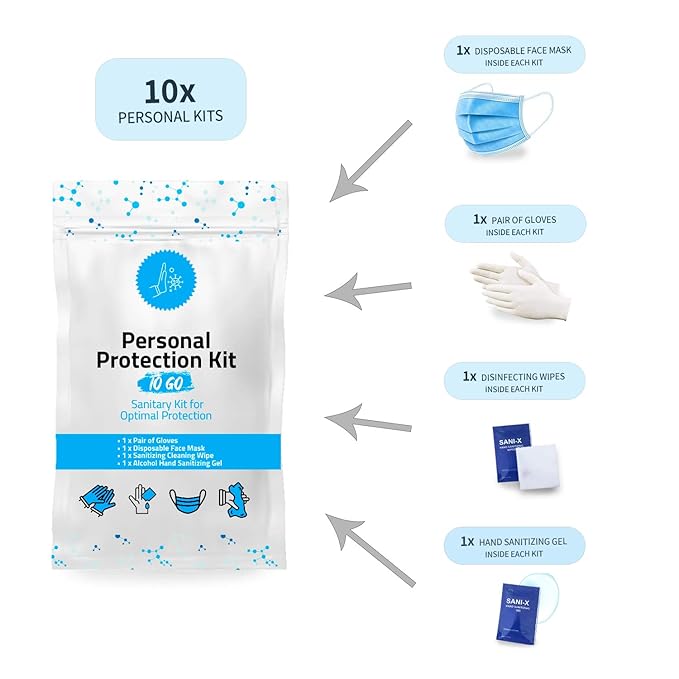 Personal Protection Kit TO GO, Mini 4 Item PPE Kit for travel and school | Includes 1 Each of Face Covering, Gloves, Cleansing Wipes & Hand Cleansing Gel | 10 - Pack (Light Blue)-BrightBean Baby