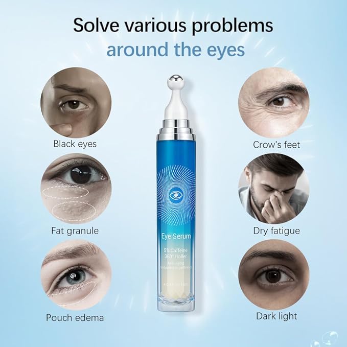 5% Caffeine Eye Serum with 360° Massage Rollerball Topper,Caffeine Eye Cream for Dark Circles,Wrinkles,Puffiness and Fine Lines,Under Eye Roller Cream Eye Bags Treatment for Women and Men-BrightBean Baby