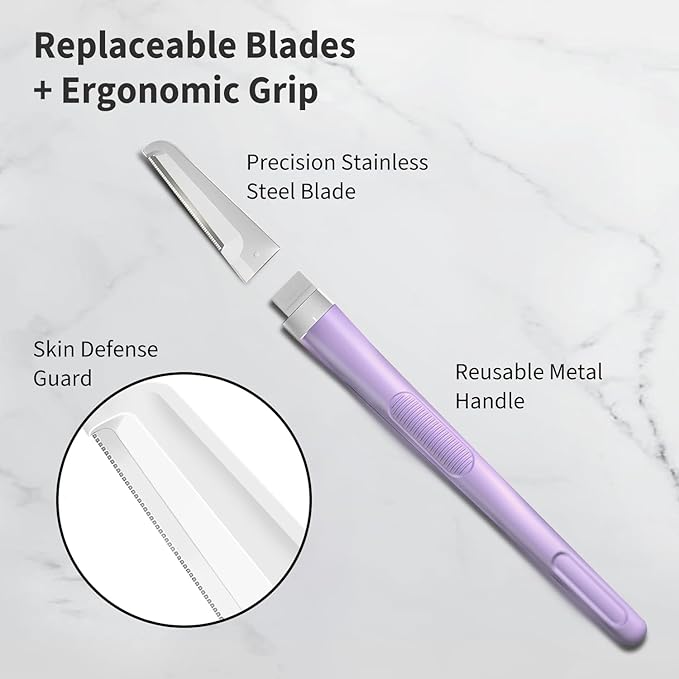 Face Razors for Women, Dermaplane Razor for Women Face, Eyebrow Razor, Facial Razors, Dermaplaning Tool, Reusable Metal Handle with 8 Microblades for Sensitive Skin, Peach Fuzz Remover, Purple