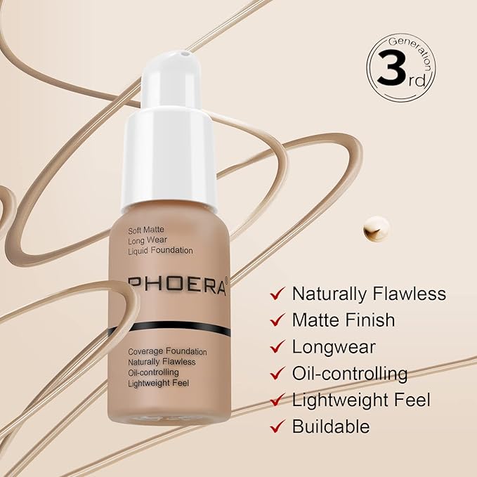 BestLand PHOERA Foundation Full Coverage Liquid Foundation Cream - Long-lasting Lightweight Concealer - Oil-Free Formula - Natural Shade - Suitable for All Skin Types (Buff Beige #104)-BrightBean Baby