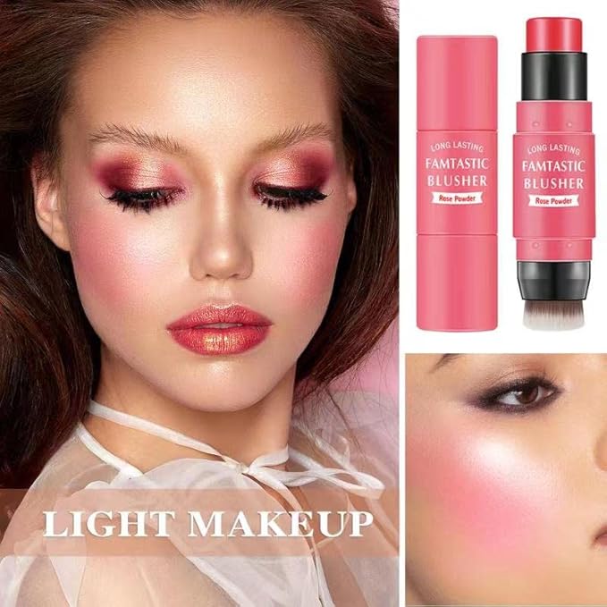 Cream Blush Stick with Brush,Waterproof Multi Cream Makeup Stick,Lightweight,Long-lasting,2 in 1 Multi Blush for Cheeks & Lip Tint & Eyeshadow Makeup(#02 Rose Power)