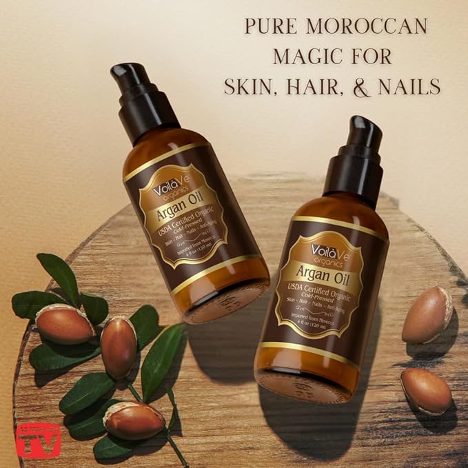 VoilaVe USDA and ECOCERT 100% Pure Organic Moroccan Argan Oil for Skin, Nails & Hair Growth, Anti-Aging Face Moisturizer, Cold Pressed, Hair Moisturizer, Rich in Vitamin E, As Seen On TV - 4 fl oz-BrightBean Baby