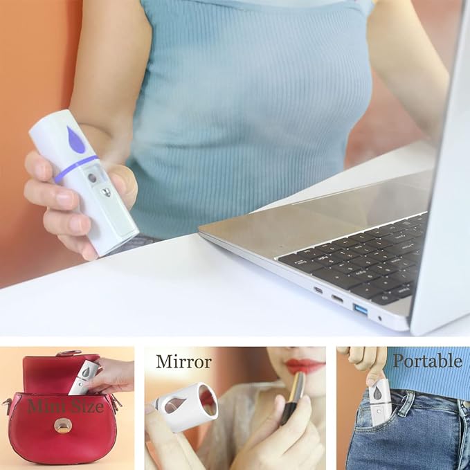 Nano Facial Mister Portable Mist Sprayer with Mirror Mini Cool Mist Spray for Skin Care & Facial Body Moisturized & Eyelash Extensions, USB Rechargeable (White)-BrightBean Baby