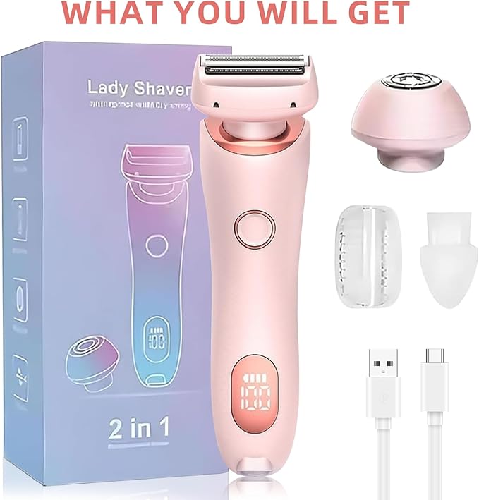Womens Electric Shaver, 2 in 1 Razor for Women, Wet & Dry Electric Waterproof Razor with LED Display, Cordless Bikini Trimmer for Sensitive Skin, Painless Hair Removal-BrightBean Baby