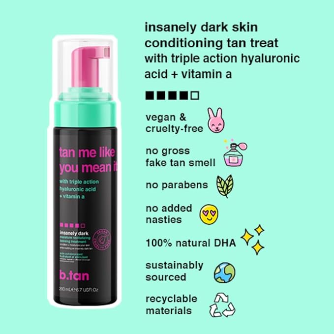 b.tan Dark Self Tanner Mousse | Tan Me Like You Mean It - Dark, 1 Hour Express Sunless Tanner Foam, Bronzing Glow, No Fake Tan Smell, Face & Body, Vegan, Cruelty & Paraben Free, 6.7 Fl Oz-BrightBean Baby