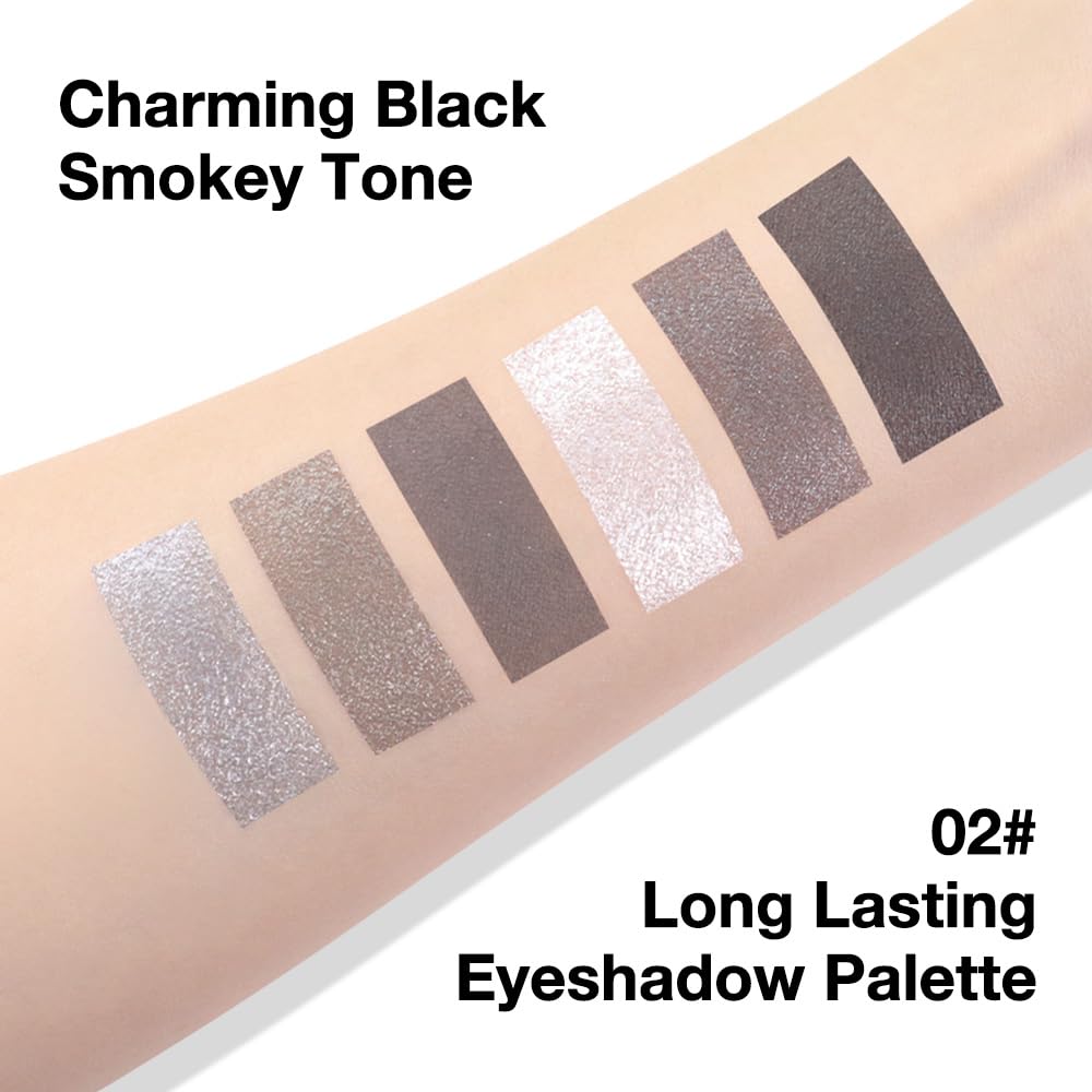 Kaely 6 Colors Mini Smoky Eye Shadow Palette Makeup, Black Grey White Silver Glitter Shimmer Smokey Eye Eyeshadow Palette for Older Women Pigmented Waterproof, Goth Halloween Makeup, Cruelty-free 02-BrightBean Baby