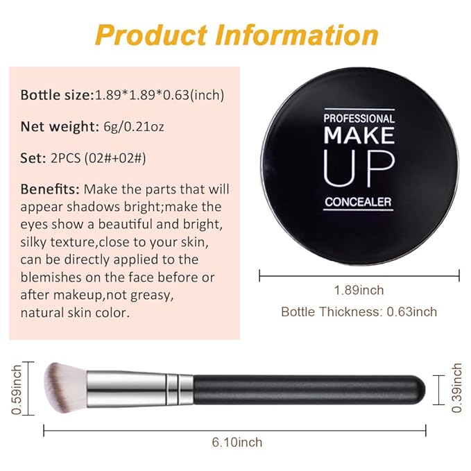Kaely 2Pcs Pot Concealer Full Coverage Set,under Eye Brightener Concealer for Conceals Dark Circles,Waterproof Foundation Face Makeup Brush Kit,Color Correcting Concealer,02+02-BrightBean Baby