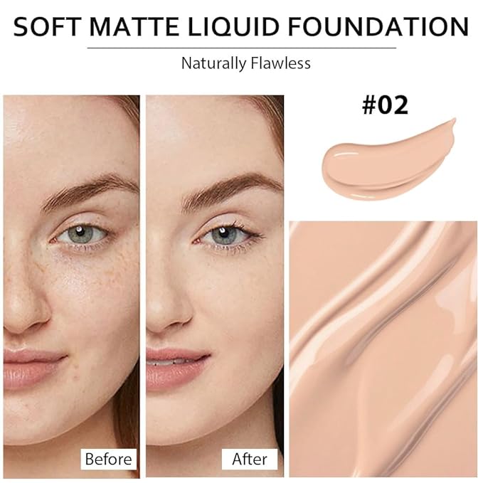 2 Pack Liquid Foundation Cream with Foundation Brush for Face Makeup,Durable Full Coverage Matte Concealer Make Up,Oil Control & Waterproof Base Primer -1 Fl.Oz (#02)-BrightBean Baby