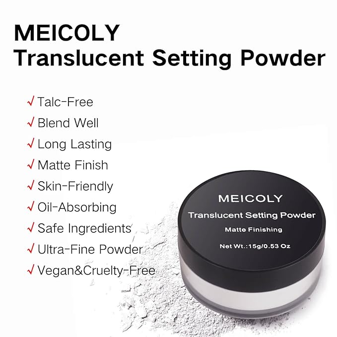 MEICOLY Talc-Free Setting Powder with Sifter,Long Lasting Loose Face Powder,Translucent Powder Colorset Powder,Matte Finishing White Face Paint Setting Powder for Halloween SFX Makeup,Oil Control-BrightBean Baby