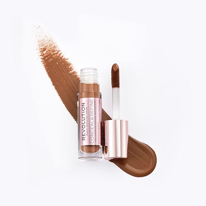 Makeup Revolution Conceal & Define Concealer, Full Coverage Makeup Concealer, Matte Finish & Long Wear, For Dark or Deep Skin Tones, Vegan, C16, 4ml-BrightBean Baby