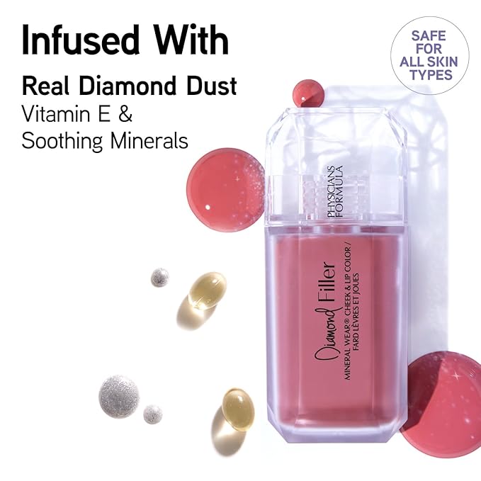 Physicians Formula Mineral Wear®Diamond Filler Cheek & Lip Color, Serum-to-Cream Multi-Use Liquid Blush Formula, Plumps & Smooths for Fuller Looking Cheeks & Lips, Monochromatic Look - Radiant Pink-BrightBean Baby