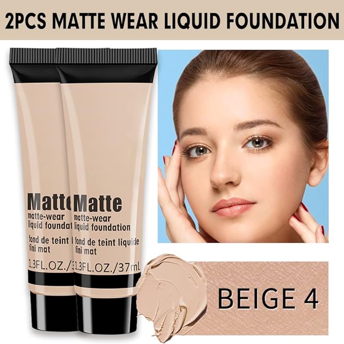 2 Pack Liquid Foundation Cream for Face Makeup,Durable Full Coverage Matte Concealer Make Up,Oil Control & Waterproof Base Primer -1+1 Fl.Oz-BEIGE 4#-BrightBean Baby