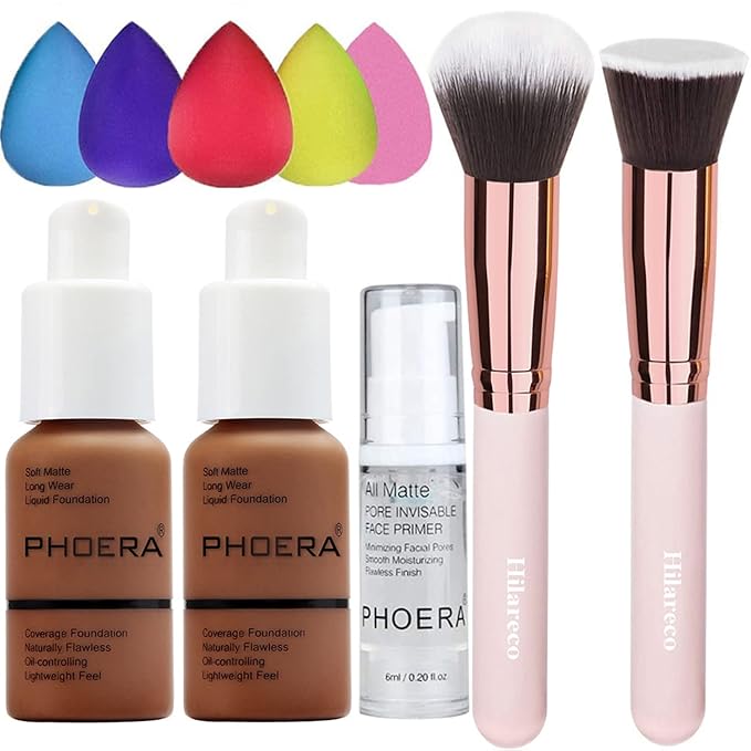 PHOERA Foundation Makeup for Wome Full Coverage Foundation Set,Face Primer Foundation Brush Powder Brush,5 Makeup Sponge,30ml PHOERA 24HR Matte Oil Control Concealer (110-Truffle)-BrightBean Baby