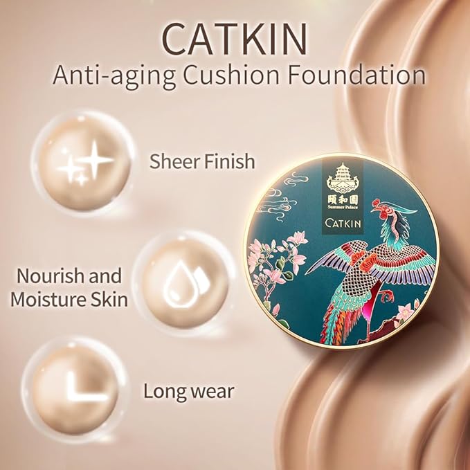 Catkin Phoenix Cushion Foundation Buildable Coverage Anti-Aging Serum Makeup, Sheer Satin Finish, Refill Included, Light Beige 0.46 Oz x 2, C03 VANILLA-BrightBean Baby