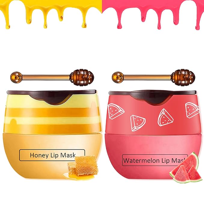 2 PCS Bee Lip Balm Honey Pot,Honey&Watermelon Lip Sleeping Mask,Hydrating Prevention Dry and Cracked Lip Scrubs Exfoliator Lip Care,Moisturizing Lip Mask Overnight-BrightBean Baby