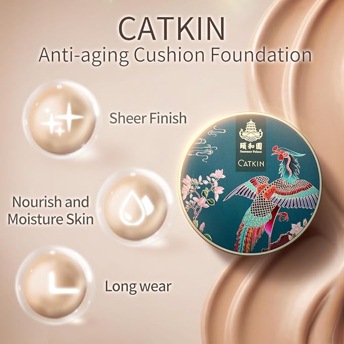 Catkin Phoenix Cushion Foundation Buildable Coverage Anti-Aging Serum Makeup, Sheer Satin Finish, Refill Included, Light Beige 0.46 Oz x 2, C01 NATURAL-BrightBean Baby