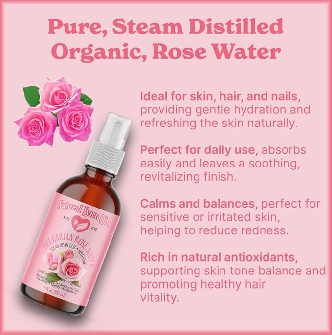 Natural Born Oils 8oz Rose Water Hydrosol, 100% Pure and Natural, Organic, Steam-distilled, Facial Toner Cleanser, with Sprayer, 8-Rose-Water-BrightBean Baby