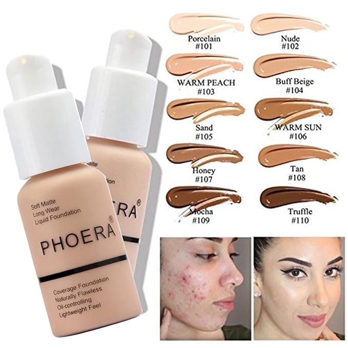 PHOERA Foundation Full Coverage Makeup, Mushroom Head Air Cushion CC Cream Natural Foundation Set,PHOERA Concealer, PHOERA Primer, PHOERA Powder, Foundation Brushes (103 Warm Peach+ 03 Warm Nude CC)-BrightBean Baby