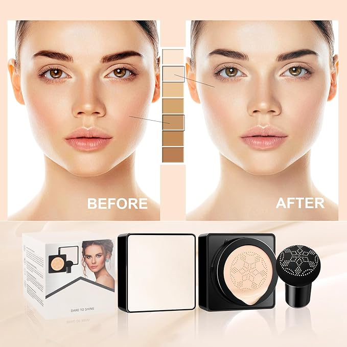 Air Cushion CC Cream Mushroom Head - Moisturizing & Oil Control Screw Lid Concealer Makeup Base, Primer Liquid Foundation Long Lasting with Mushroom Makeup Sponges for All Skin Types (Buff Beige)-BrightBean Baby