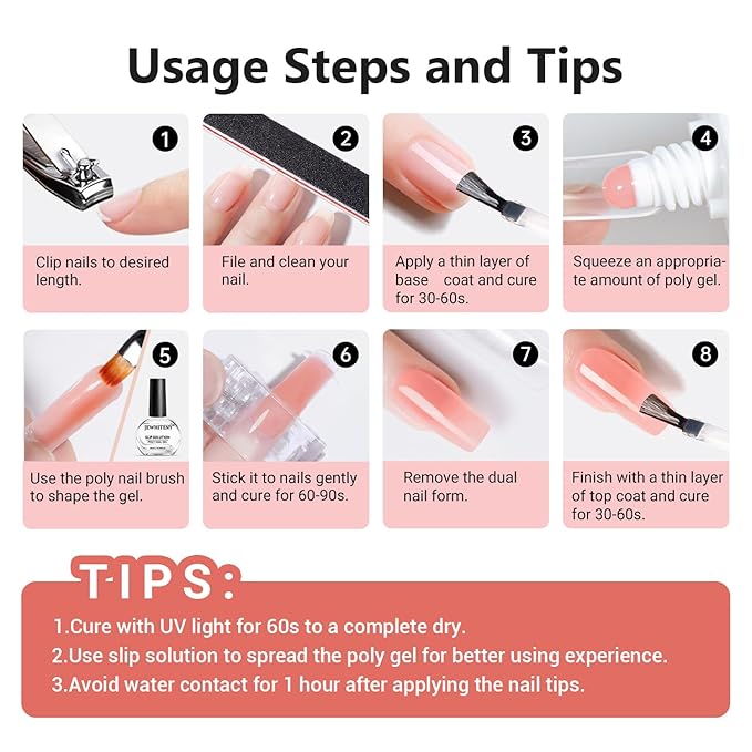 JEWHITENY Poly Nail Gel Set Clear Pink White Poly Extension Gel With Base Coat Top Coat Slip Solution French Manicure Need U V Lamp Curing for Finger Art and Home DIY-BrightBean Baby