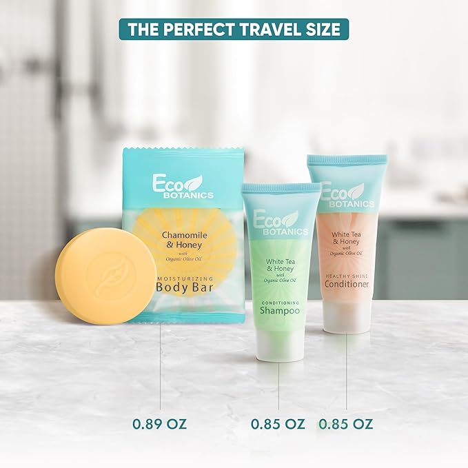 Eco Botanics Hotel Soaps and Toiletries Bulk Set | 1-Shoppe All-In-Kit Amenities for Hotels & Airbnb | 0.85 oz Hotel Shampoo & Conditioner, 0.89 oz Bar Soap Travel Size | 150 Pieces-BrightBean Baby