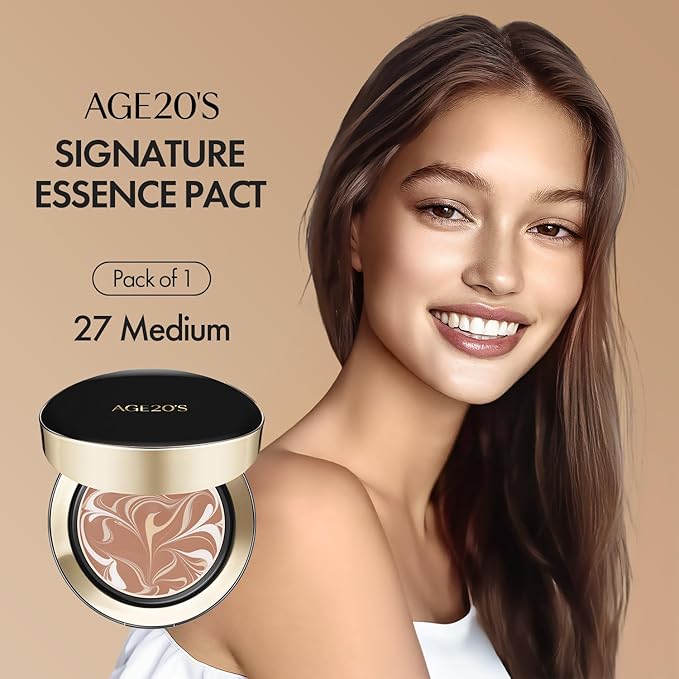 AGE20'S Signature Essence Pact SPF 50+ | Pack of 1 | 27 Medium | Cream Foundation, Dewy Finish, Natural Coverage | Korean Cushion Foundation-BrightBean Baby