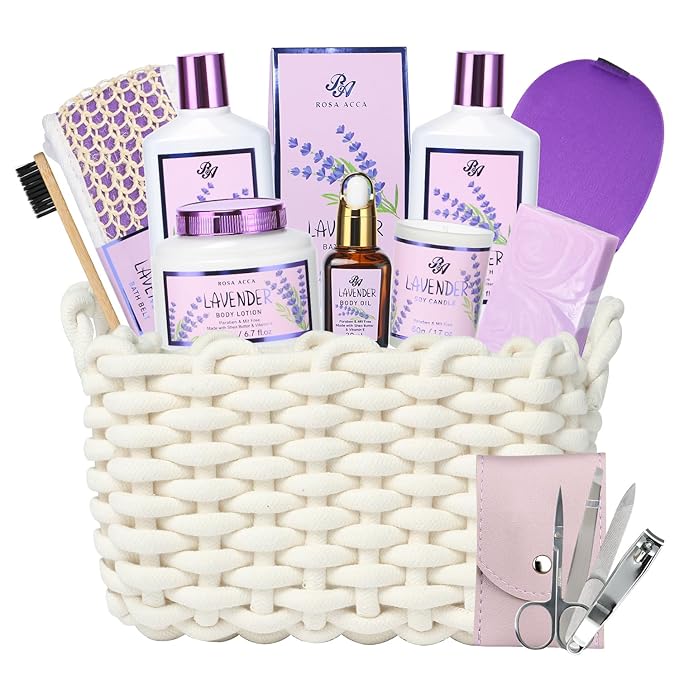 Bath and Body Gift For Women and Men - Lavender Home Spa Gift Set,Mug,Shower Gel,Bubble Bath,Lotion,Bath Bombs,Eye Mask,Manucure Set, Bath Belt, Body Oil,Bath Soak,Lip Balm,Soy Candle For Daily Use-BrightBean Baby