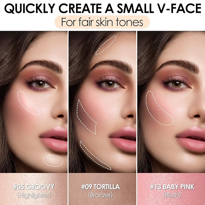 FOCALLURE 3 Pcs Cream Contour Sticks,Shades with Highlighter & Bronzer & Blush,Non-greasy Long-wear Face Contouring Pen,Easy to Sculpt the Face and Create a Lightweight Finishing Makeup,FAIR-BrightBean Baby