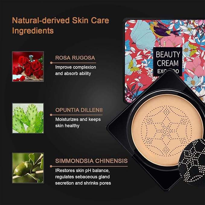 Mushroom Head Air Cushion CC Cream Foundation, Beauty Cream Exo Too BB Cream, Moisturizing, Long Lasting, Matte Concealer, Light Weight, WaterProof Liquid Foundation with 2PCS Mushroom Head-BrightBean Baby