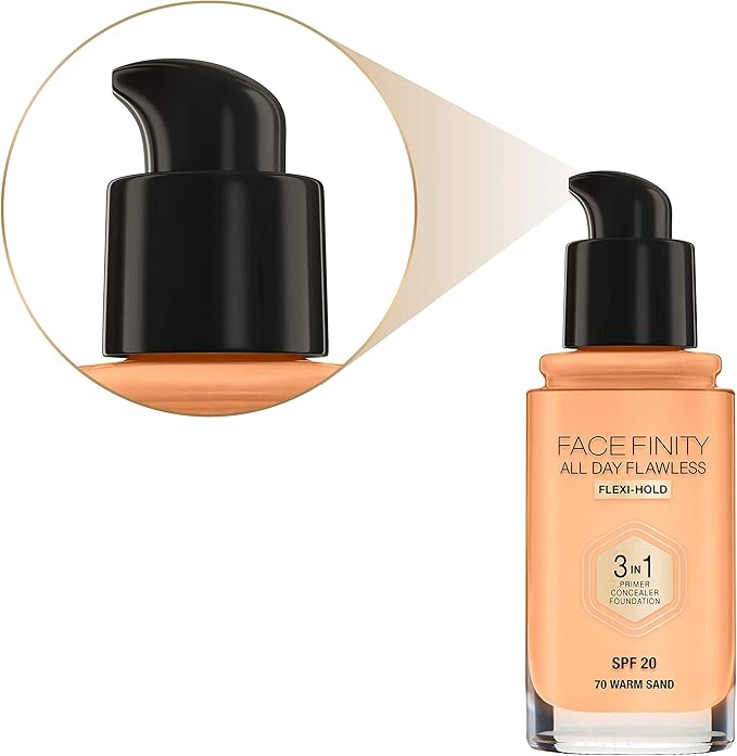 Max Factor Facefinity 3-in-1 All Day Flawless Liquid Foundation, SPF 20-70 Warm Sand, 30 ml-BrightBean Baby