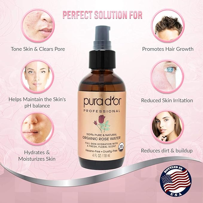 PURA D'OR Organic Rose Water Toner (4oz / 118mL) Eau Fraiche, 100% Pure Full Skin Hydration, Control Excess Oils & Acne - Cleanses & Softens - Promotes Healthy Skin Cell - for All Skin Types-BrightBean Baby