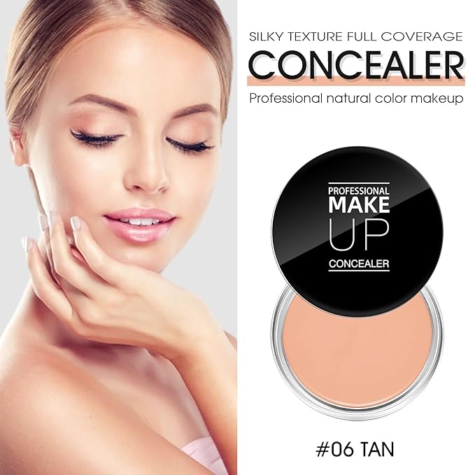 Cream Concealer Full Coverage Makeup, Matte Color Correcting Concealer with Brush, Waterproof, Conceals Blemish, Pores and Spots, Under Eye Makeup Concealer for Dark Circles (#06 TAN)-BrightBean Baby