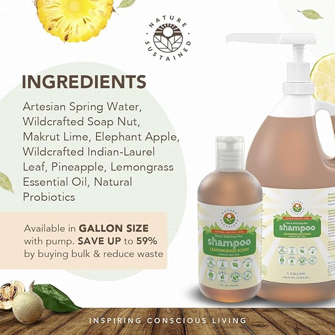 Organic Shampoo - Raw & Wildcrafted with Probiotics, Hypoallergenic Natural & Sulfate Free Shampoo for Sensitive Scalp, Dry Hair, Dandruff, Gallon, Lemongrass-BrightBean Baby